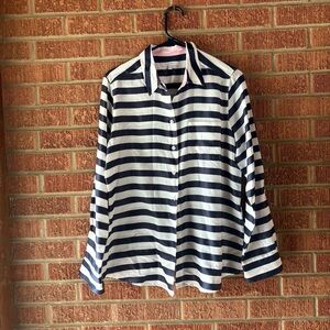 Foxcroft Navy Blue and White Striped Button Down Long Sleeve Size 10